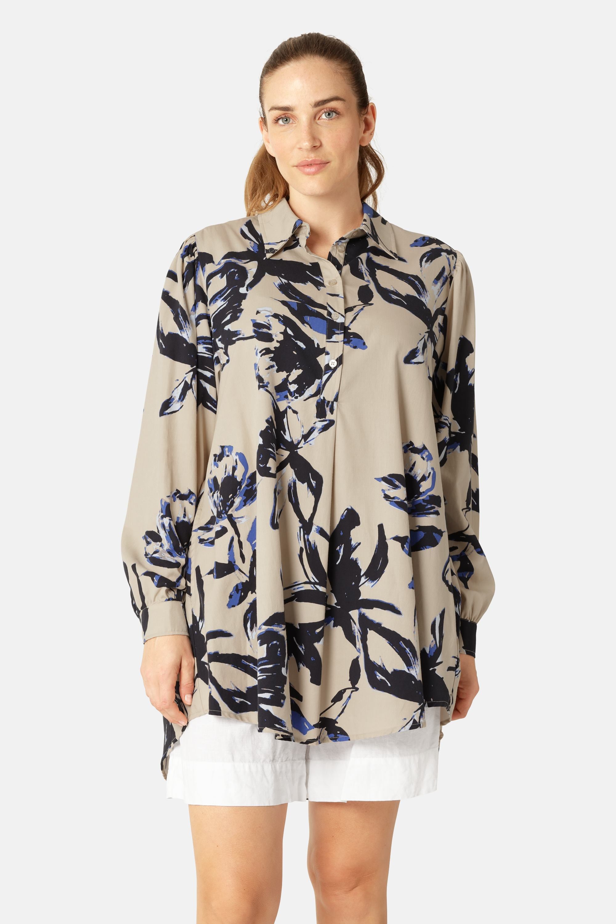 Lang Tunika Kjole - Sand Artsy Stroke Flower